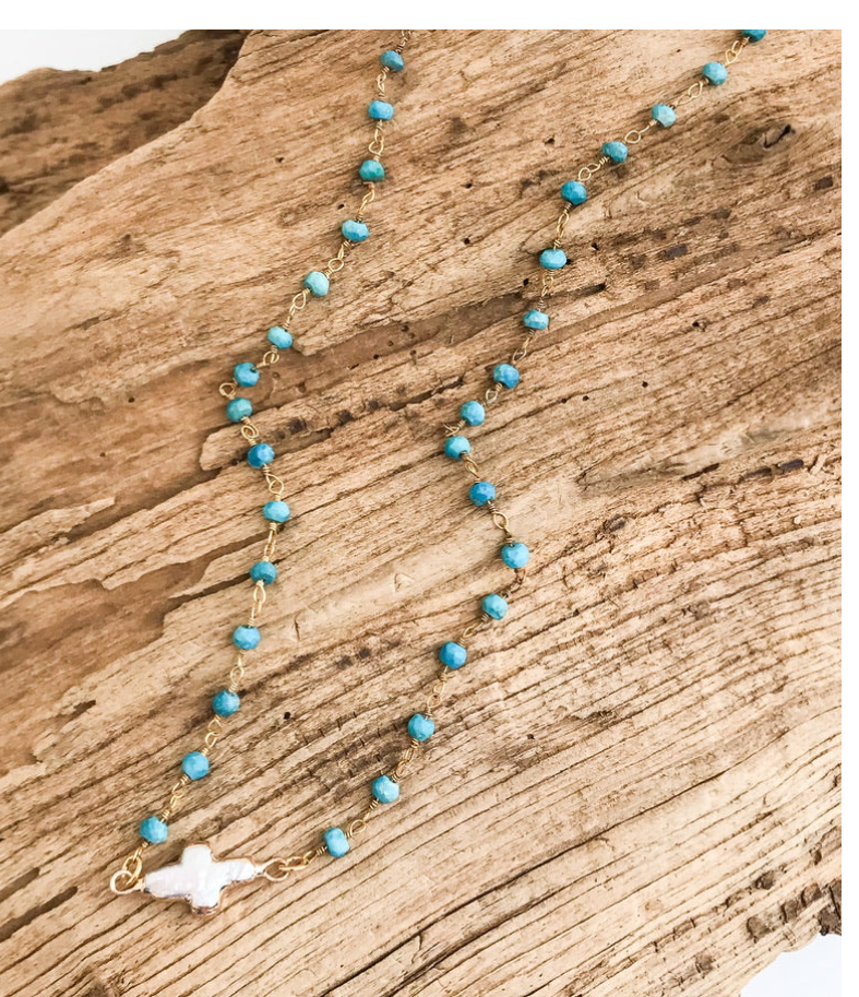 Pearl Bezel Cross Sideways on 16"  Rosary - Turquoise - Gabrielle's Biloxi