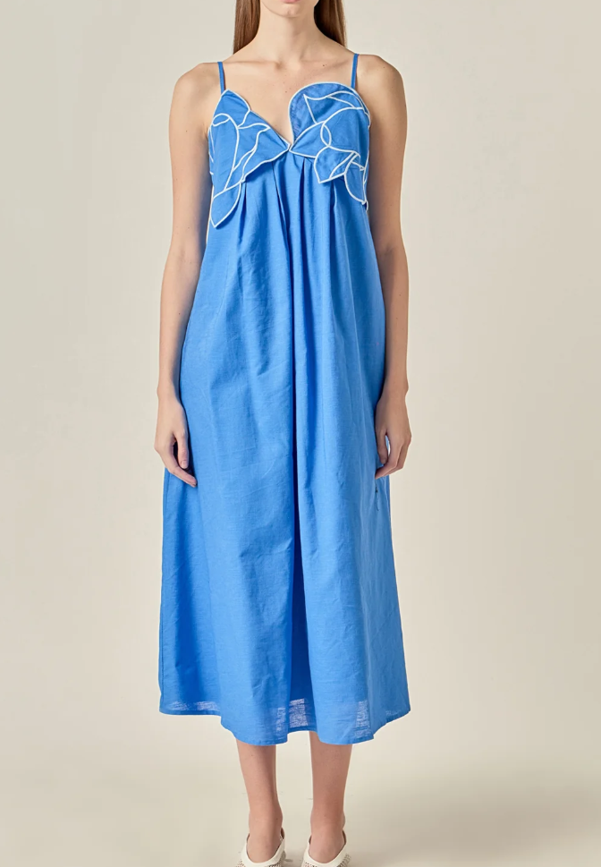 Embroidered Pleated Maxi Dress - Blue - Gabrielle's Biloxi