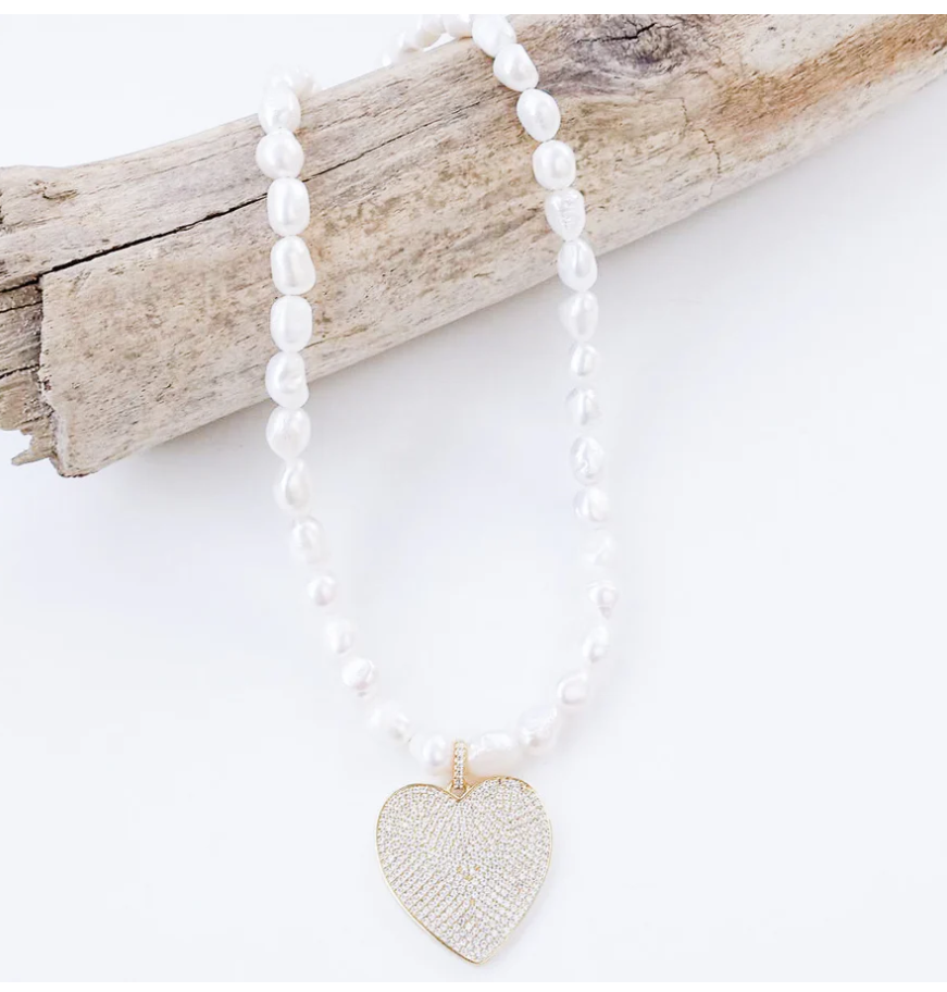 The Madison Freshwater Pearl Necklace w/ Pave Heart - White/Gold - Gabrielle's Biloxi