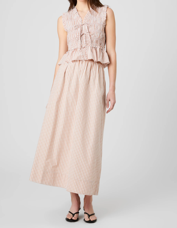 Petite Gingham Ruched Midi Skirt - Almond - Gabrielle's Biloxi