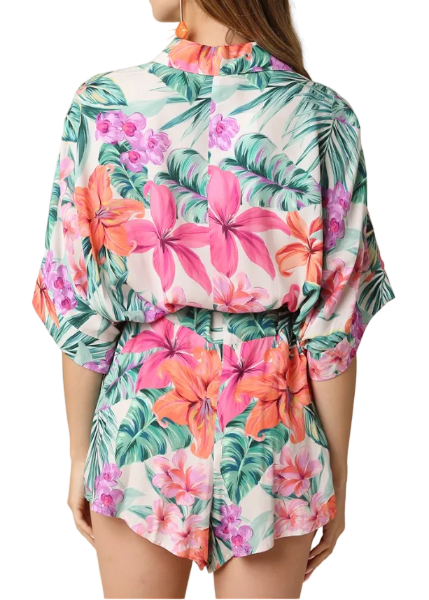 Bettina Floral Tie-waist Romper - Pink Green - Gabrielle's Biloxi