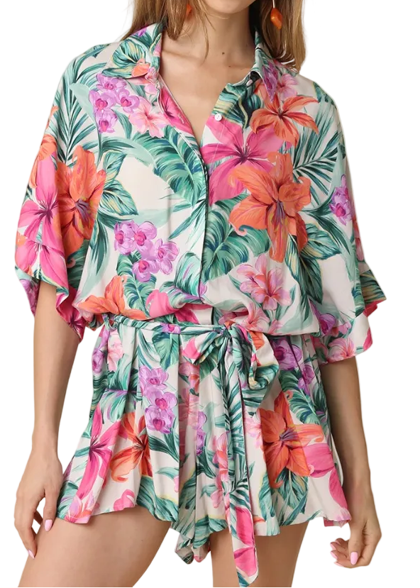 Bettina Floral Tie-waist Romper - Pink Green - Gabrielle's Biloxi