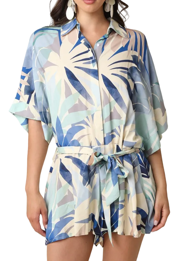 Meara Tropical Tie-Waist Romper - Beige Blue - Gabrielle's Biloxi
