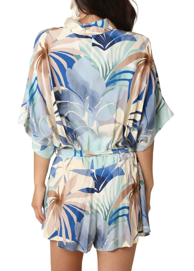 Meara Tropical Tie-Waist Romper - Beige Blue - Gabrielle's Biloxi
