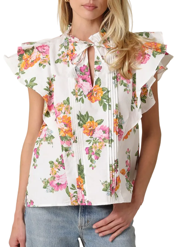 Juliet Floral Ruffle-Trim Tie Blouse - White Pink Floral - Gabrielle's Biloxi