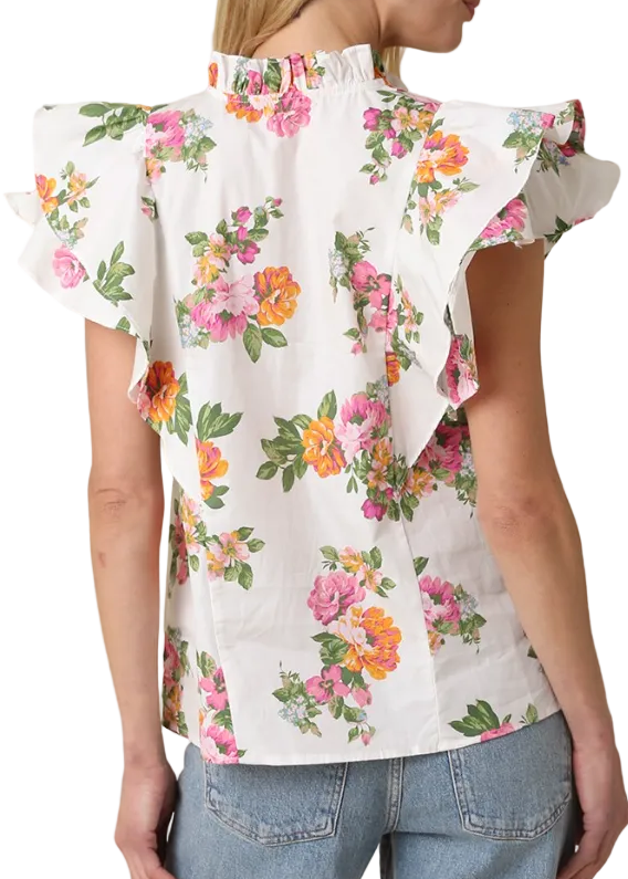 Juliet Floral Ruffle-Trim Tie Blouse - White Pink Floral - Gabrielle's Biloxi