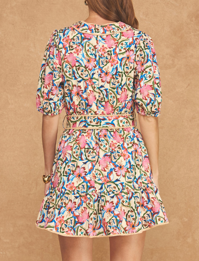 Jacobean Floral Puff Sleeve Belted Dress