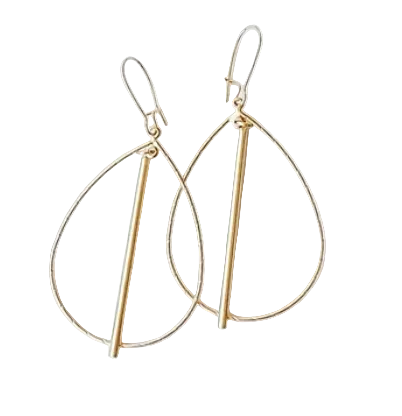 Gold teardrop dangle earrings with a minimalist bar design, displayed on a clean white background.