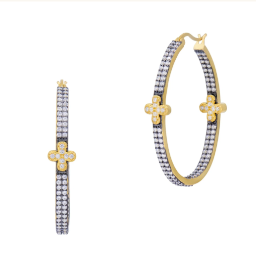 Freida Rothman Pavé Double Row Clover Hoop Earrings - Gold & Black
