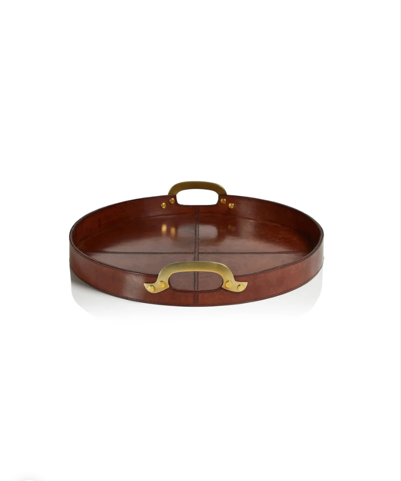 Aspen Leather with Brass Handles Small Round Tray - 20"