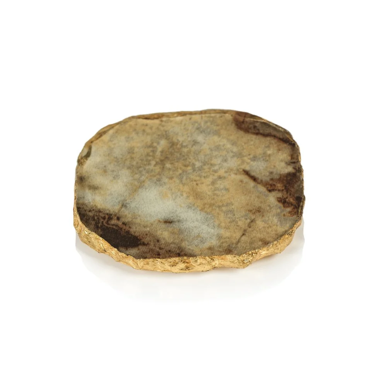Agate Marble Glass Coaster  w/ Gold Rim- Brown Tone