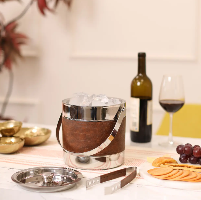 Stainless Steel Ice Bucket w/Leather