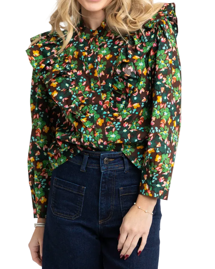 Karlie Floral Ruffle Button Up Top - Brown