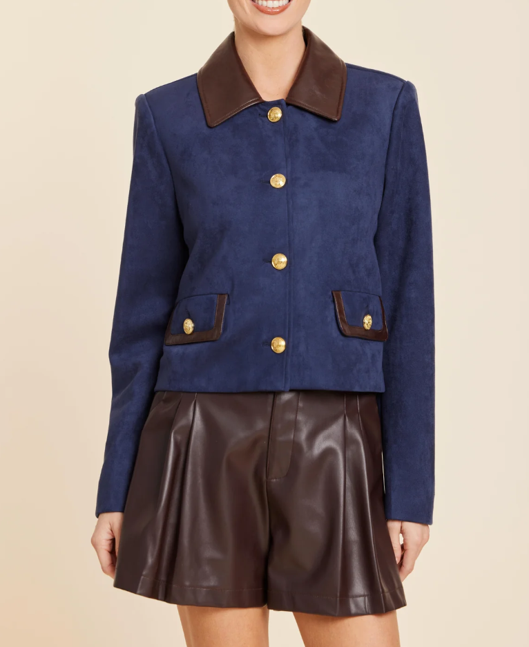 Dolce Cabo Vegan Leather New Trimmed Faux Suede Jacket - Navy Multi