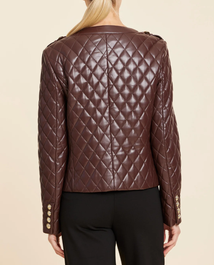Dolce Cabo Vegan Leather Quilted Gold Button Jacket - Brown