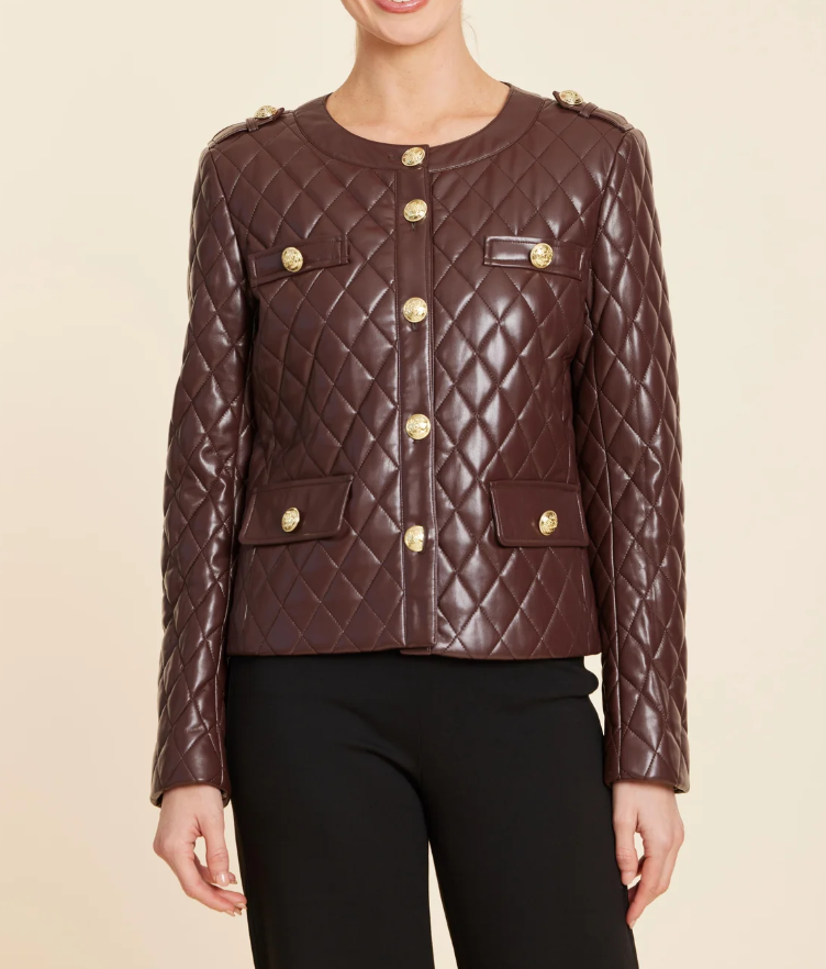 Dolce Cabo Vegan Leather Quilted Gold Button Jacket - Brown