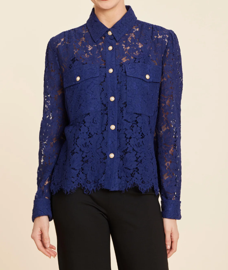 Dolce Cabo Lace Pearl Button Top - Blue