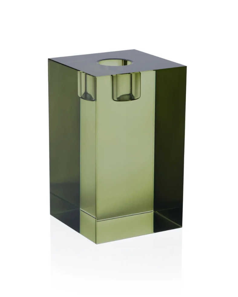 Square Crystal Glass Taper  Holder- Green, 2.75" x 4.75 in