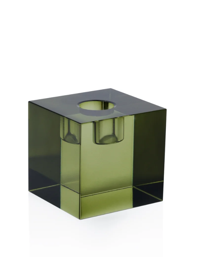 Square Crystal Glass Taper Holder- Green, 2.75" x 2.75 in