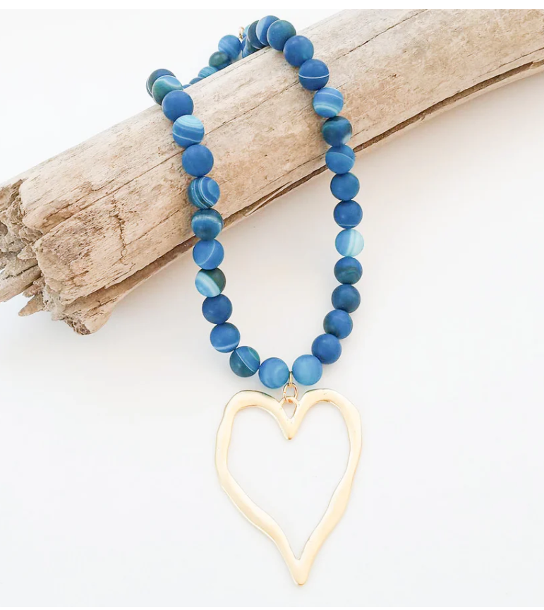 Gemstone Beaded Necklace w/ / XL Heart - Royal Marble - Gabrielle's Biloxi