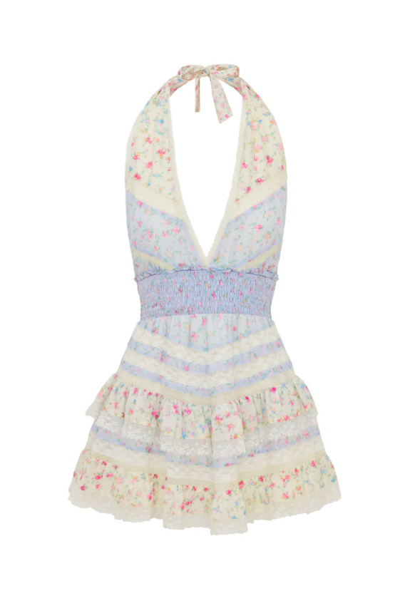 Prim Silk Floral Halter Dress Pearled Blue / XS Prim Silk Floral Halter Dress Pearled Blue / XS