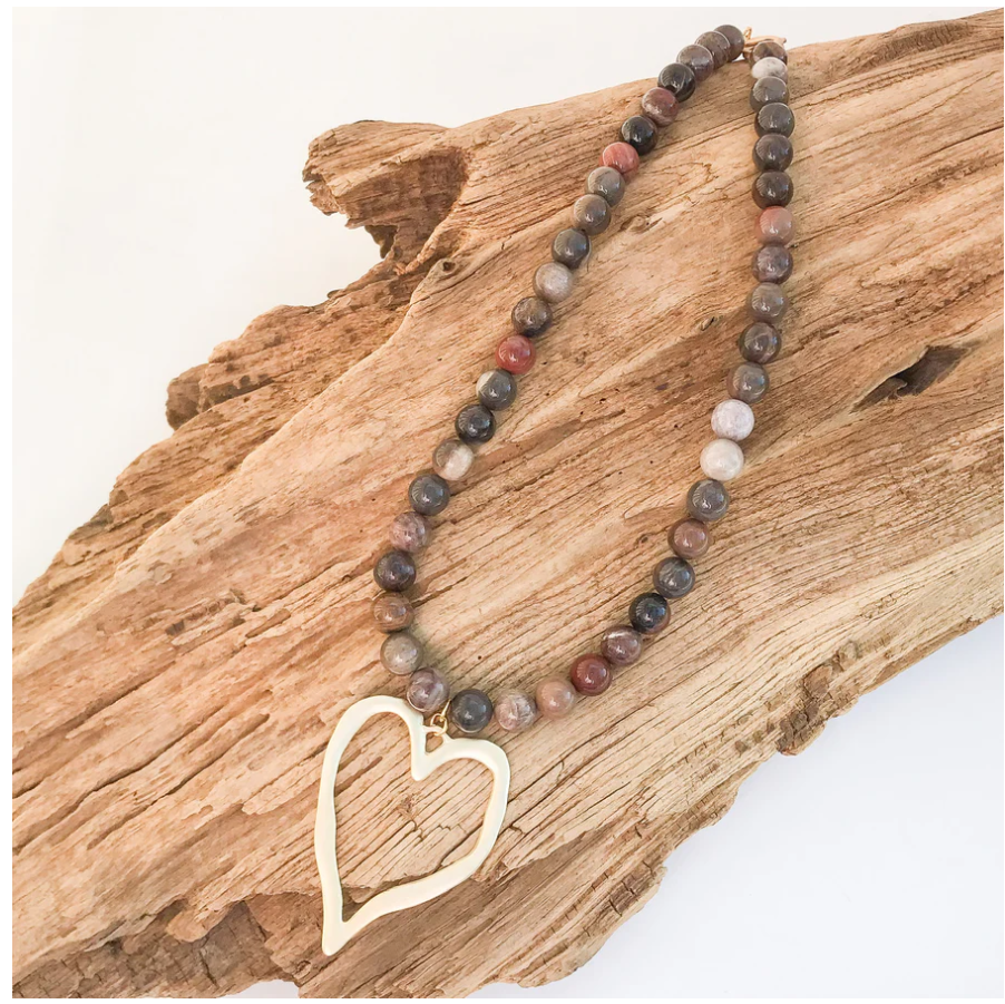Gemstone Beaded Necklace w/ / XL Heart - Jasper