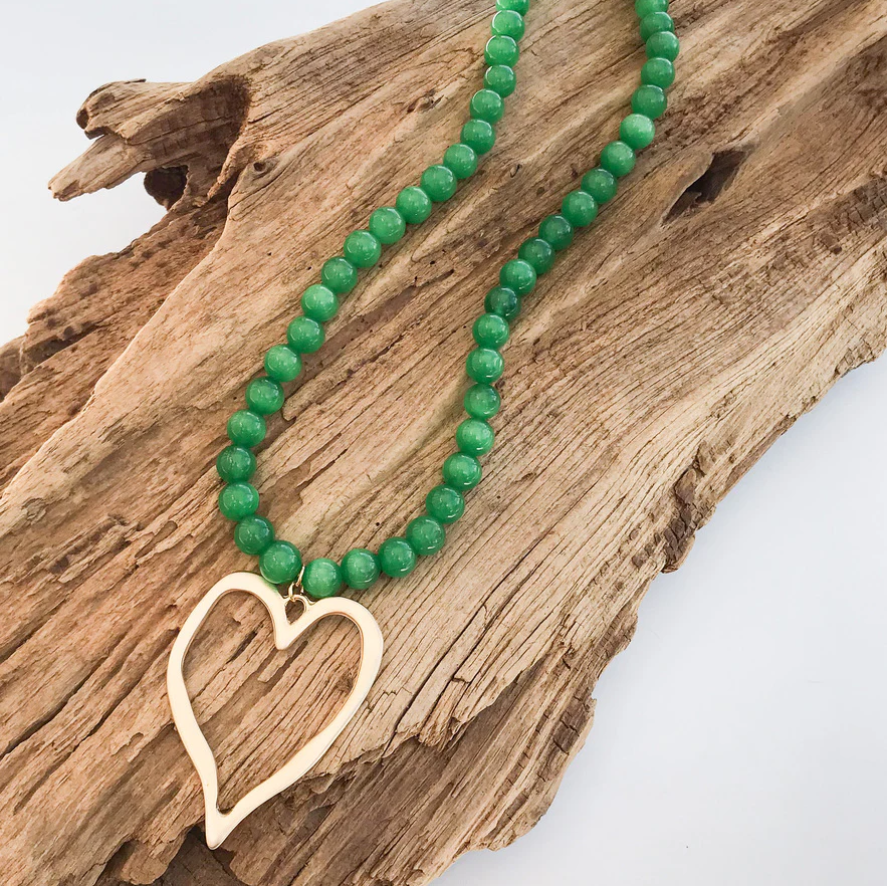 Gemstone Beaded Necklace w/ / XL Heart - Kelly Cateye - Gabrielle's Biloxi
