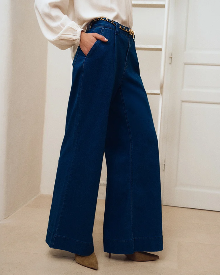 Wide Leg Denim Pants - Denim Blue