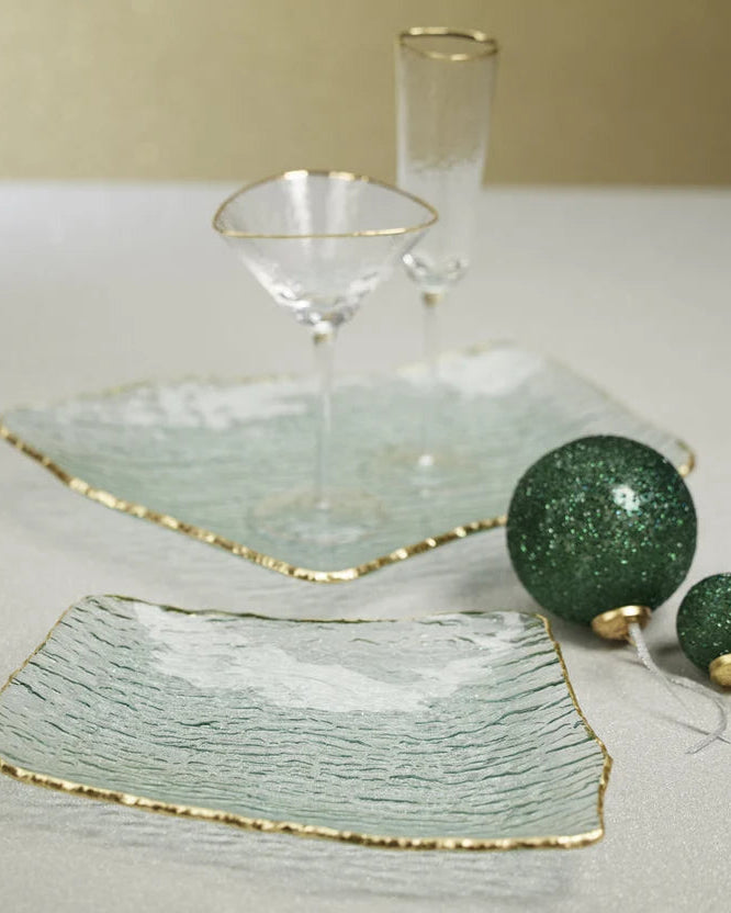 Large Textured Rectangular Organic Shape Plate with Jagged Gold Rim