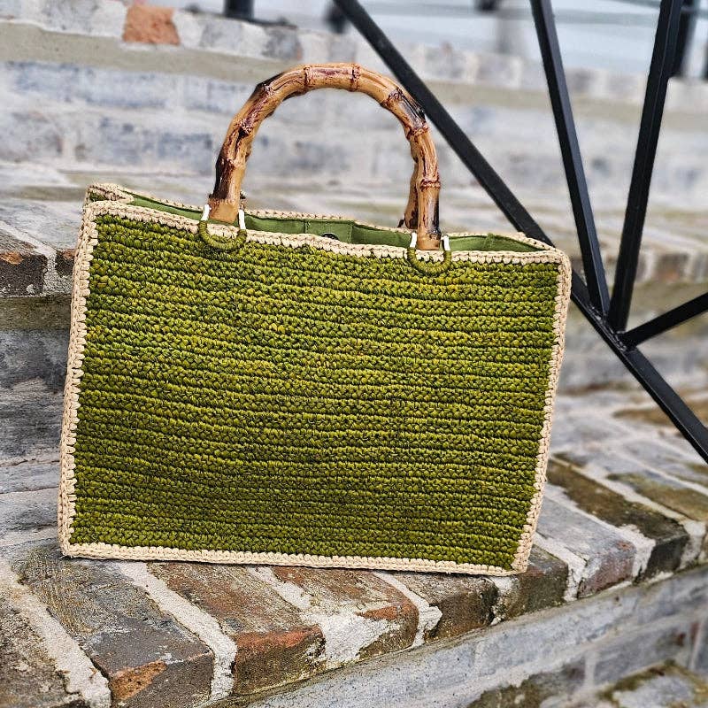 Green and Hay Piper Raffia Bamboo Bag - Gabrielle's Biloxi