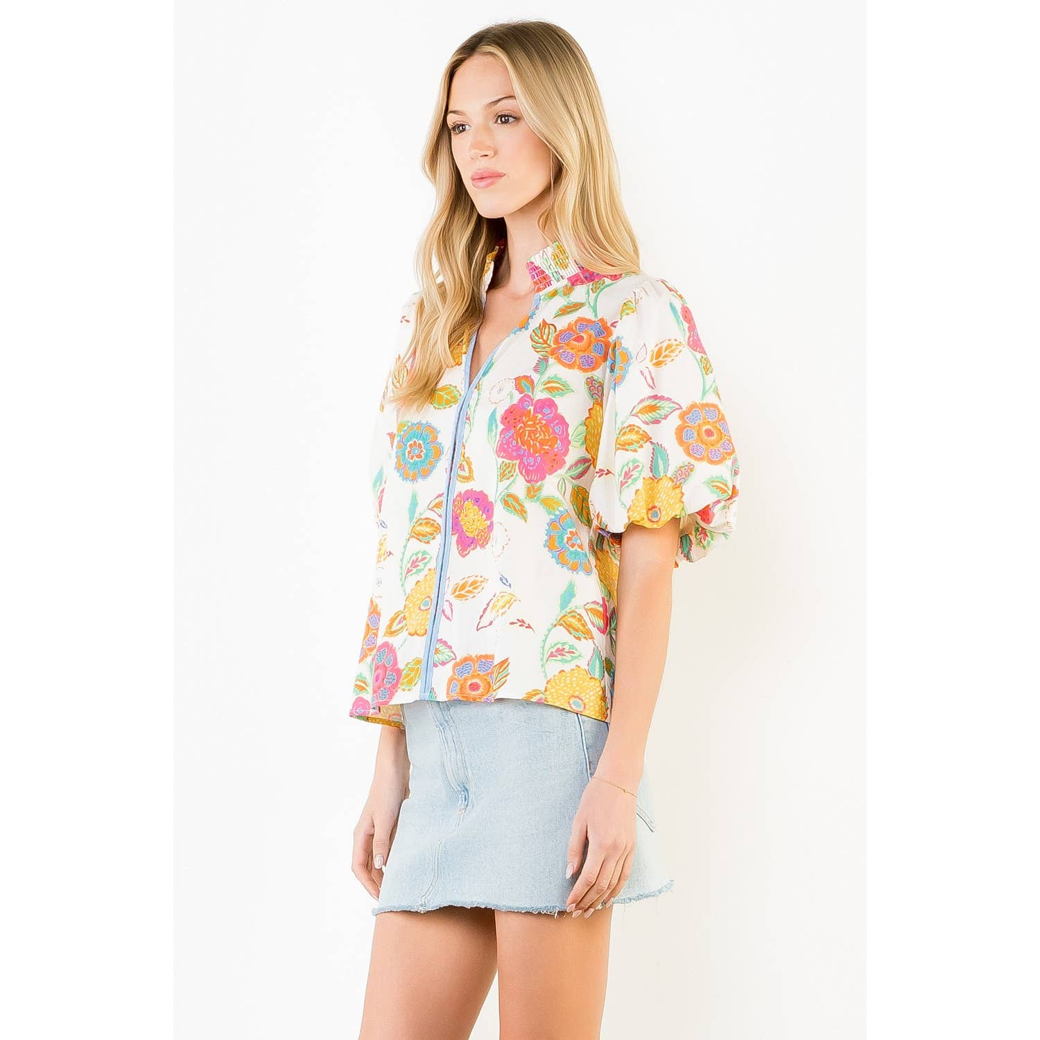Puff Sleeve Floral Pattern V-Neck Top - Gabrielle's Biloxi