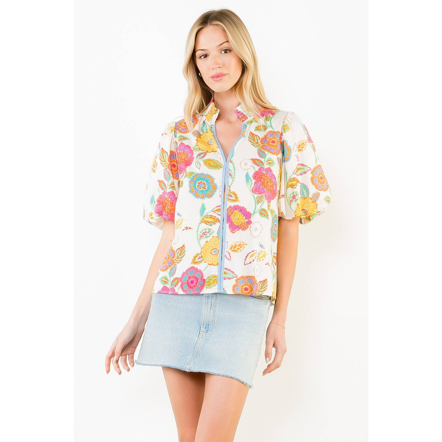 Puff Sleeve Floral Pattern V-Neck Top - Gabrielle's Biloxi
