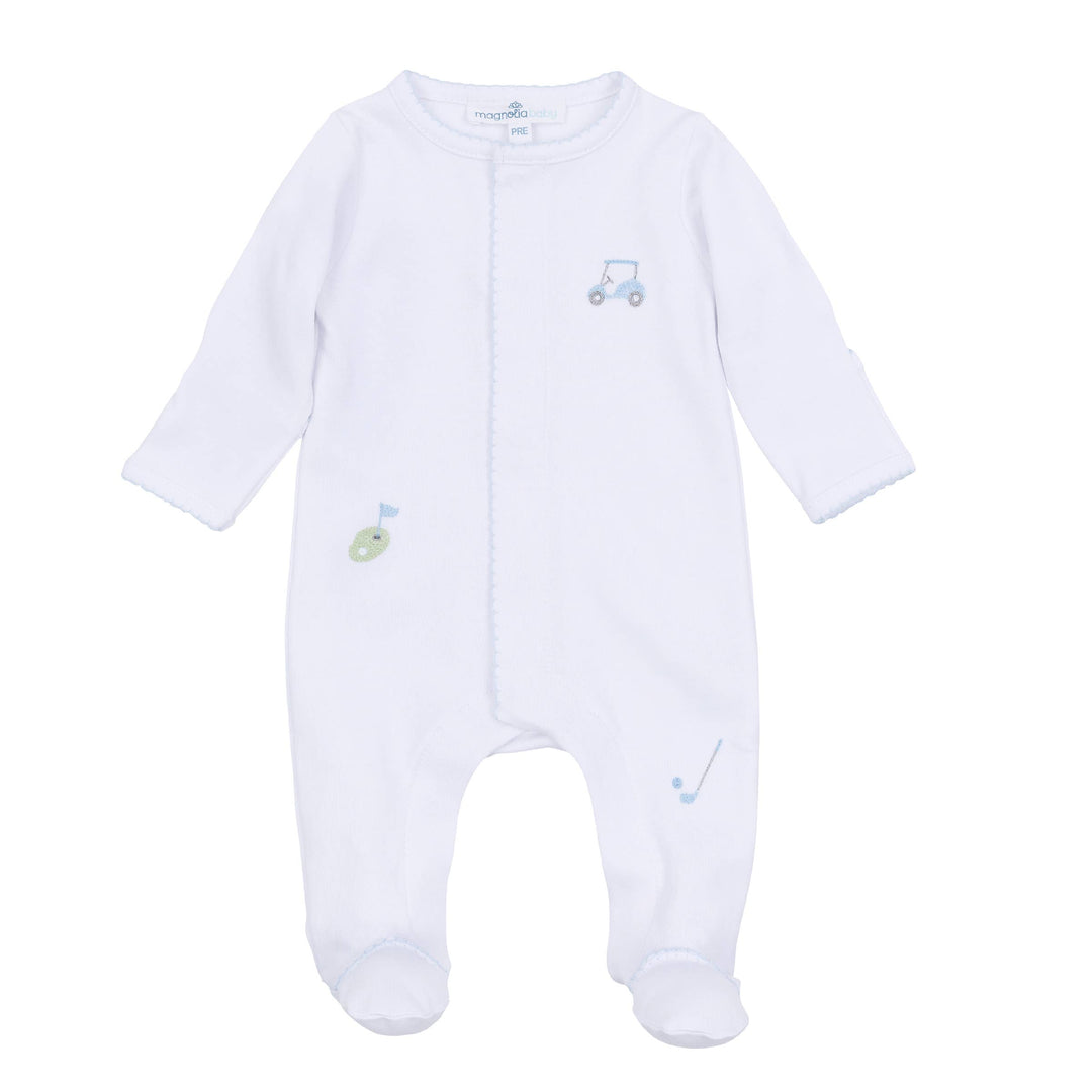 Tiny Tee Time Embroidered Footie - Light Blue - Gabrielle's Biloxi