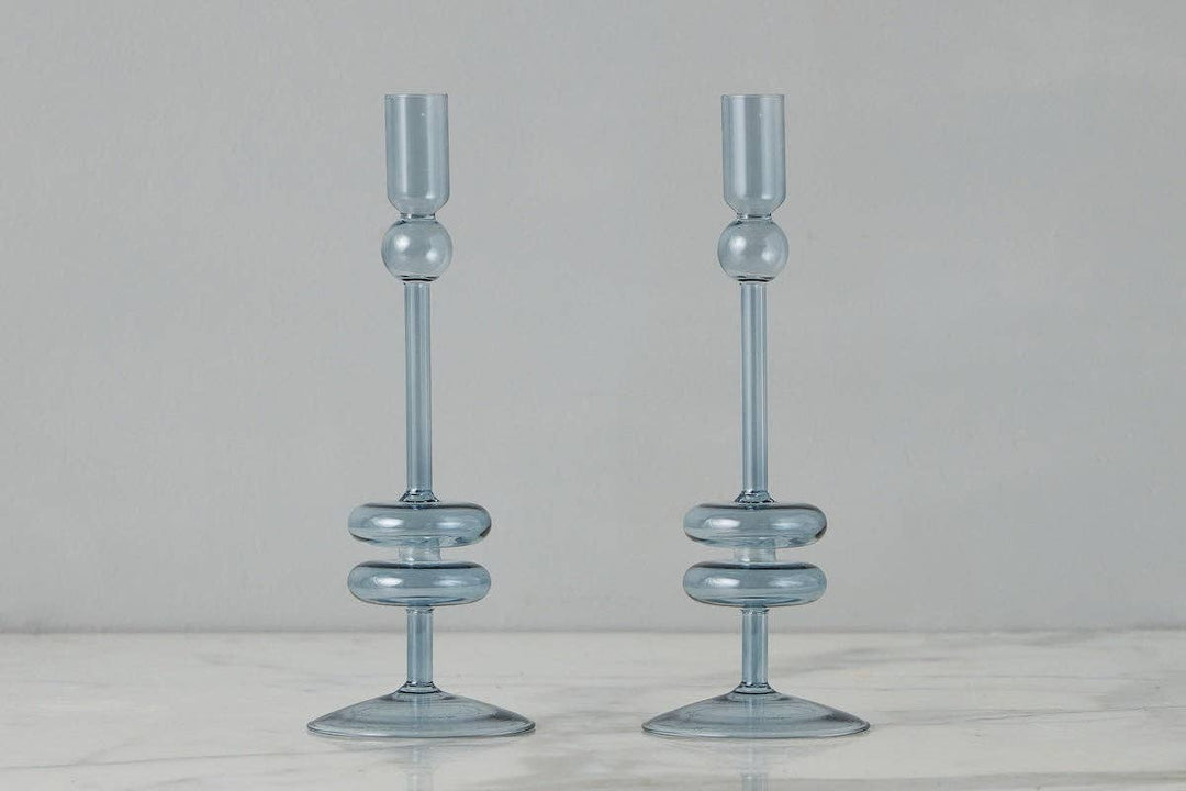 Etu Glass Candlestick Pair, Medium, Denim - Gabrielle's Biloxi