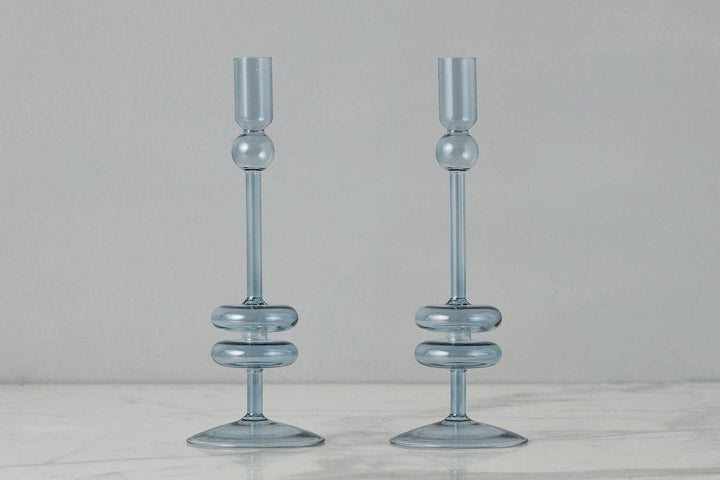 Etu Glass Candlestick Pair, Medium, Denim - Gabrielle's Biloxi