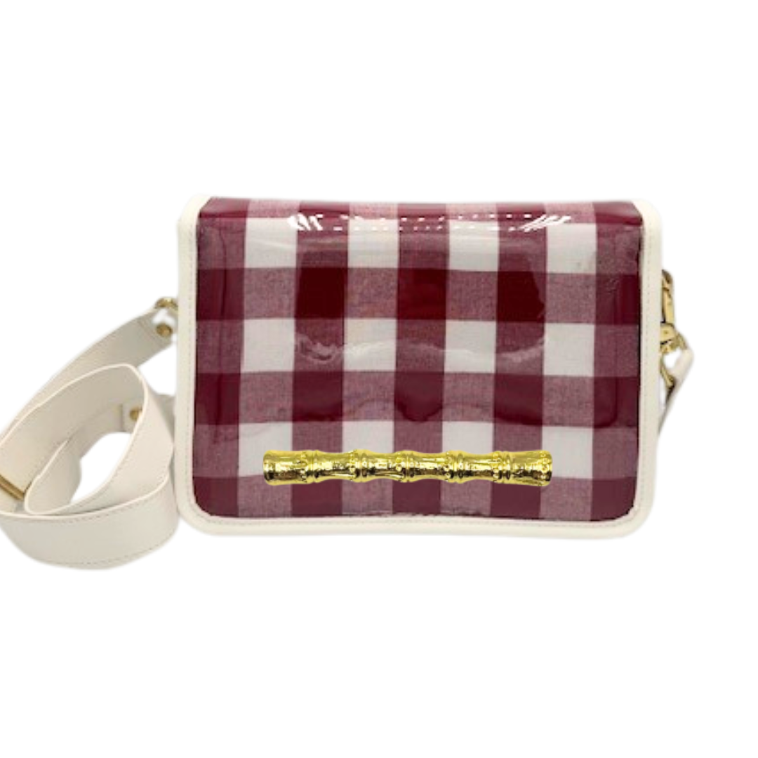 Maroon Check Clear Gameday Stadium Bag w/ White Bamboo Stick - Gabrielle's Biloxi