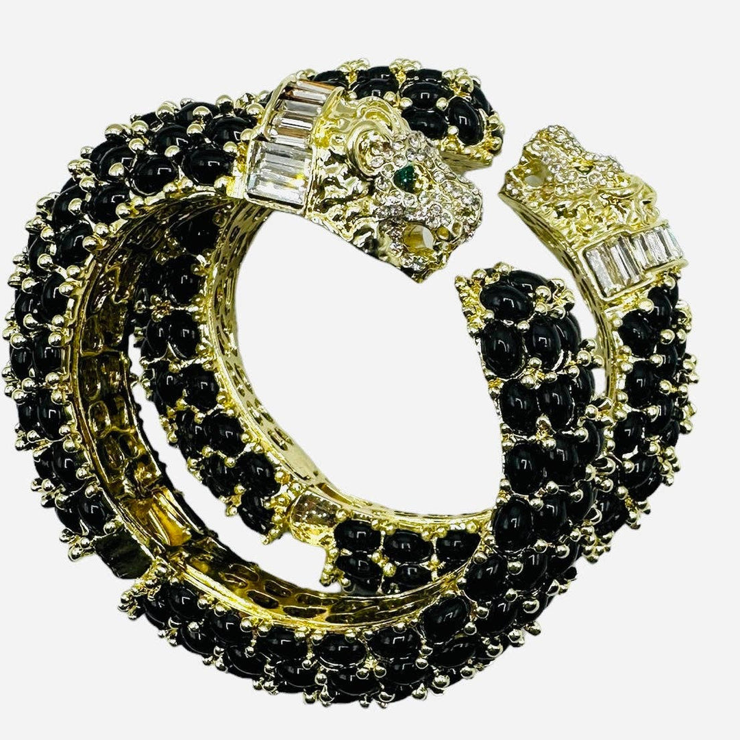 Beaded Leopard Hinged Bracelet in Black - Gabrielle's Biloxi