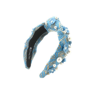 Breanna Cannon Blue & Tan Woven Headband with Flowers & Pearls - Gabrielle's Biloxi