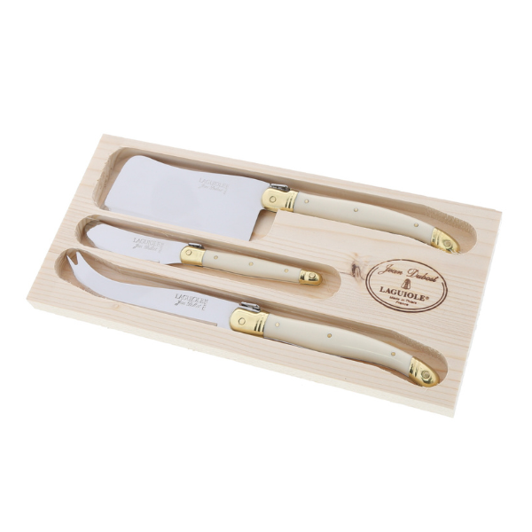 Jean Dubost 3 Piece Cheese Set in Ivory and Brass w/ Cleaver - Gabrielle's Biloxi