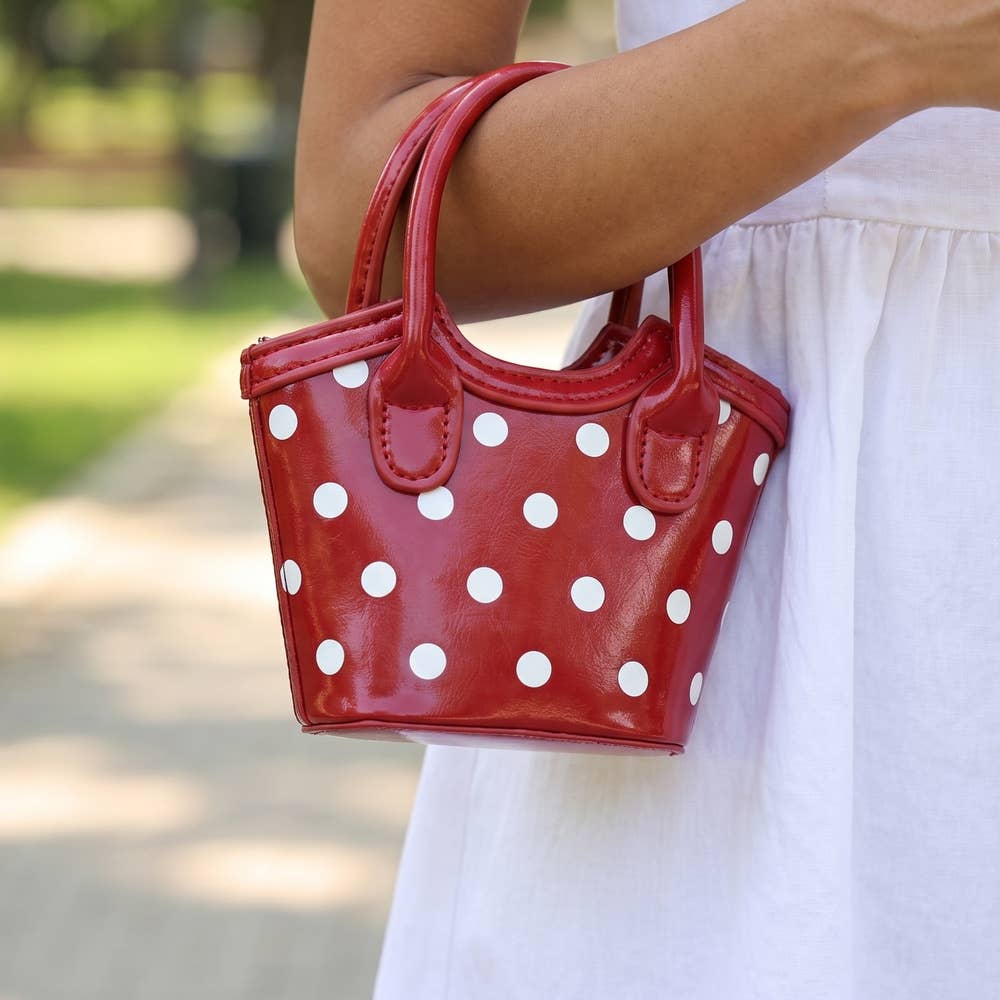 Polka Dot Patent Mini Bucket Tote - Red