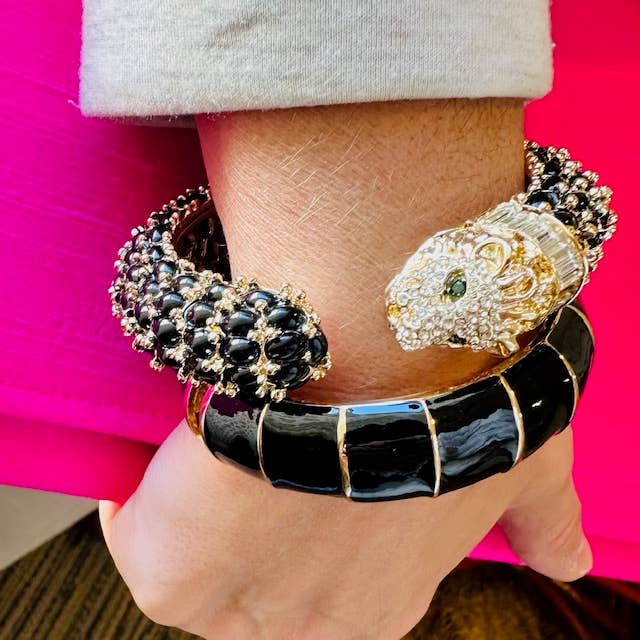 Beaded Leopard Hinged Bracelet in Black - Gabrielle's Biloxi