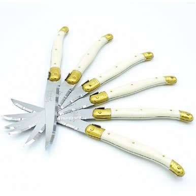 Jean Dubost 6 Steak Knives Ivory in Wooden Block - Gabrielle's Biloxi