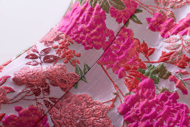 Elegant Floral Jacquard Embroidered Mini Dress - Pink