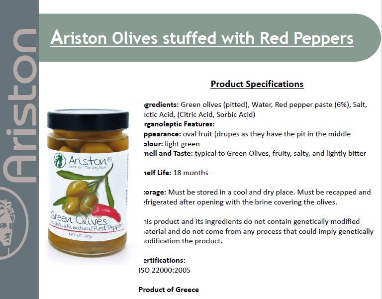Ariston Green Olives Stuffed Pepper -13.40oz (Sweet peppers) - Gabrielle's Biloxi