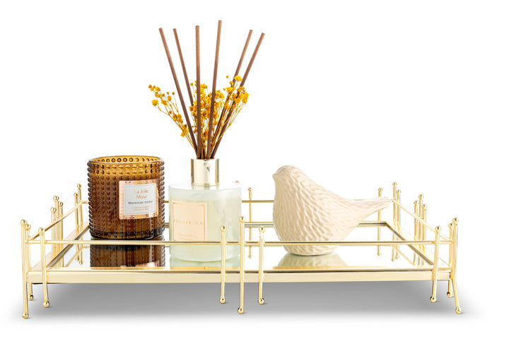 Oblong Mirror Tray with Gold Symmetrical Design - Gabrielle's Biloxi