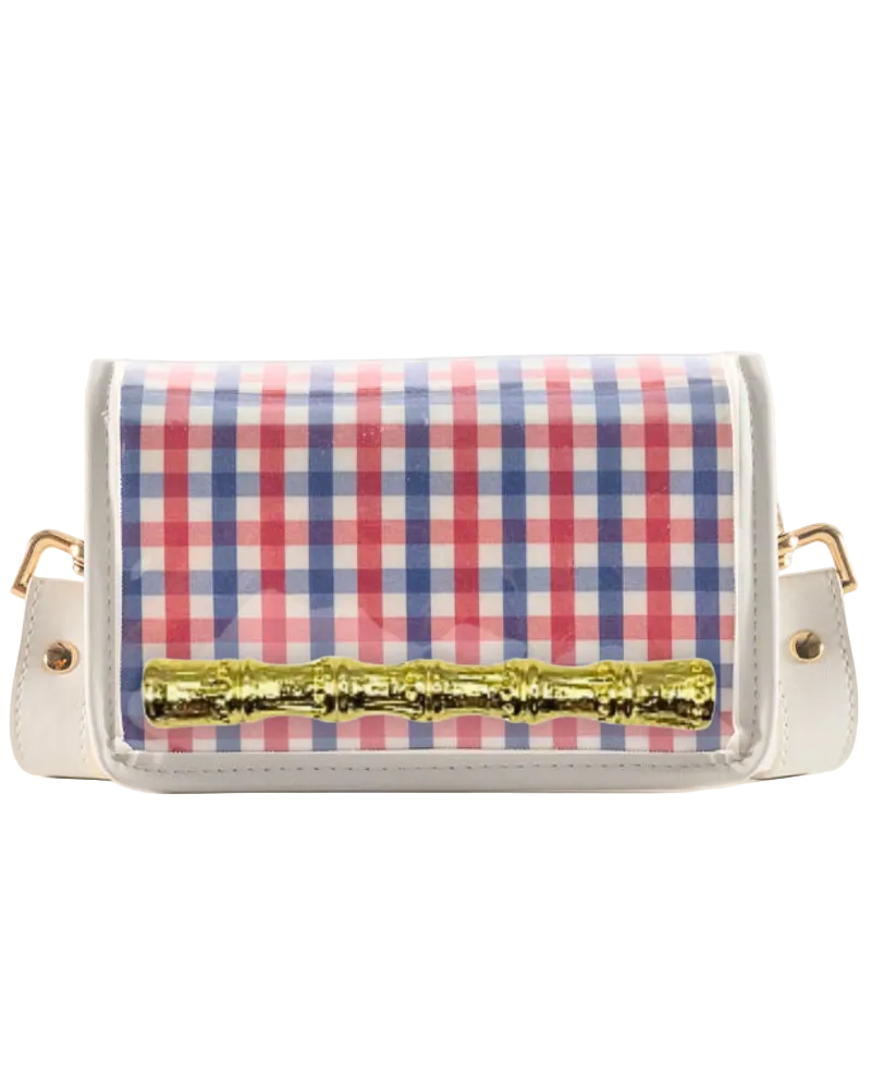 Petite Red and Blue Plaid Clear Stadium Bag - Gold Bamboo Stick