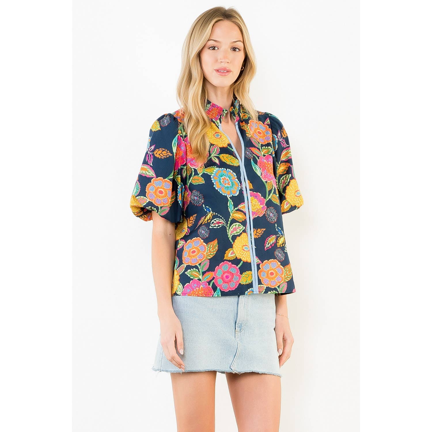 Puff Sleeve Floral Pattern V-Neck Top - Gabrielle's Biloxi