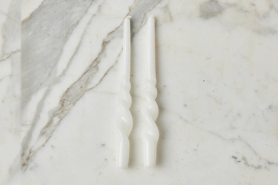 Lacquered Tall Twisted Taper Candles, White, Set of 2 - Gabrielle's Biloxi