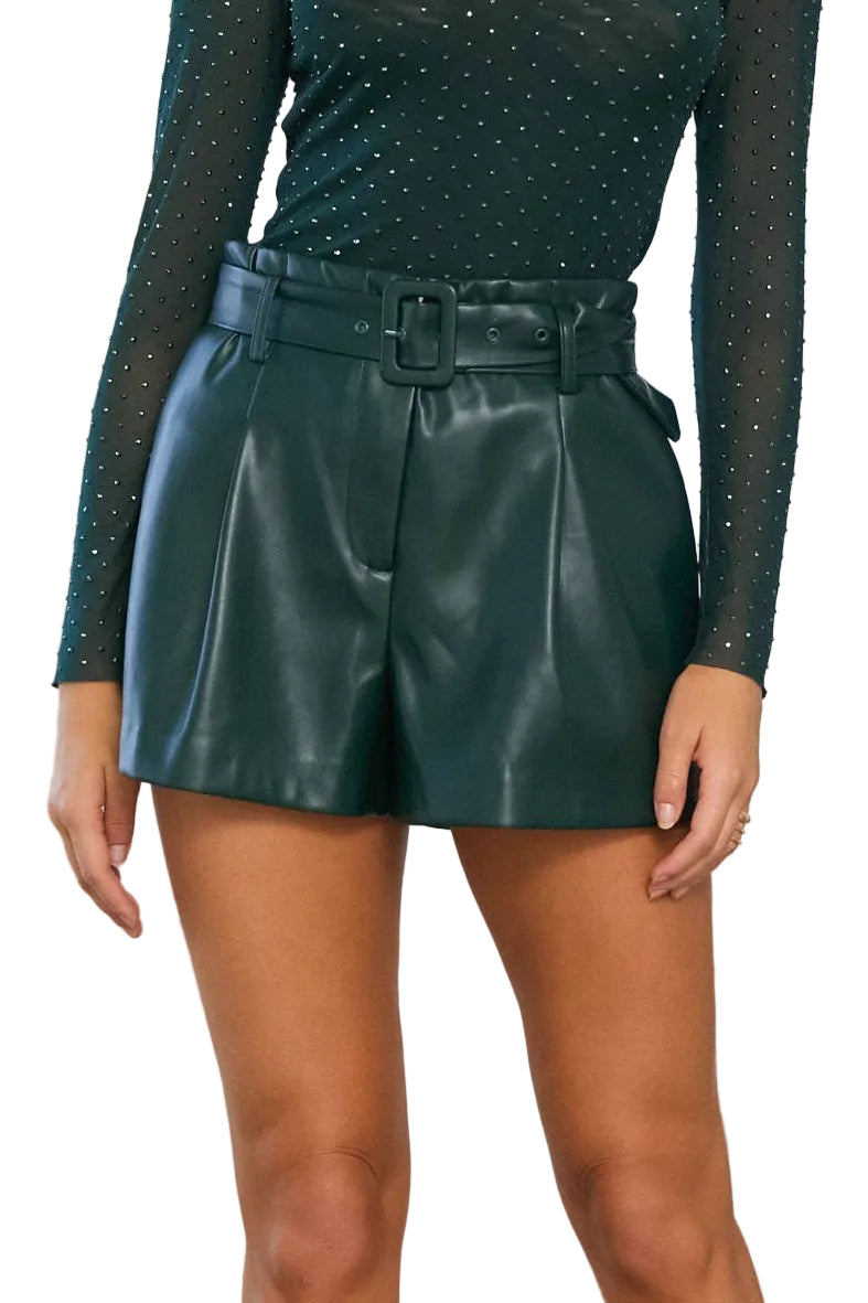Belted Faux Leather Shorts - Hunter Green
