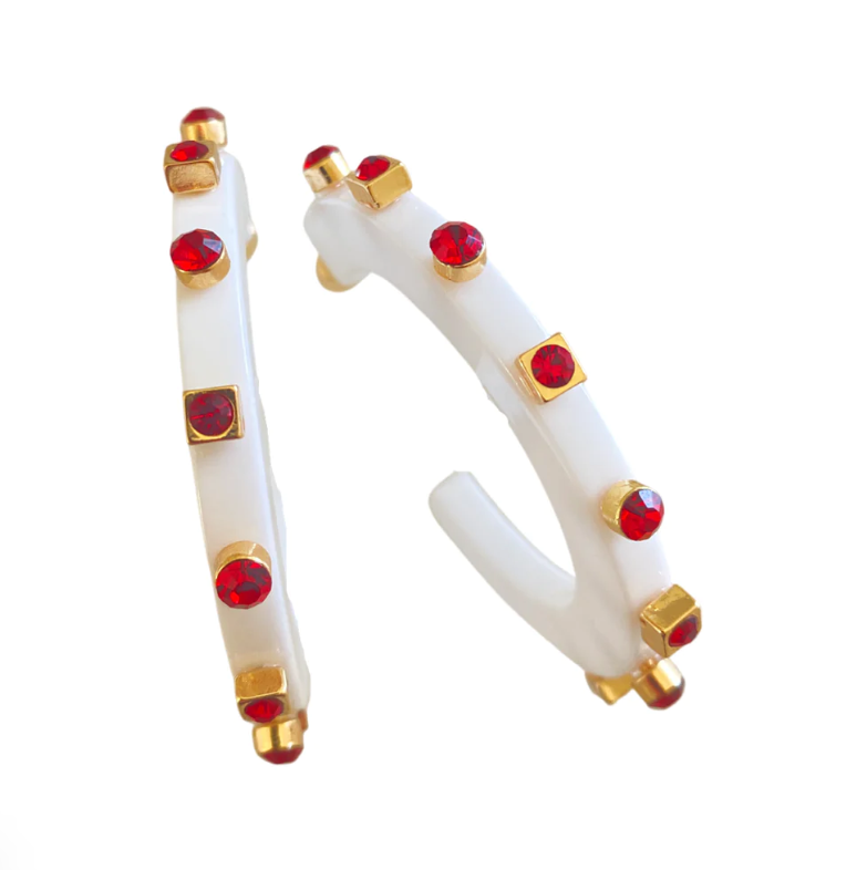 Jewel Hoops - White with Red - Gabrielle's Biloxi